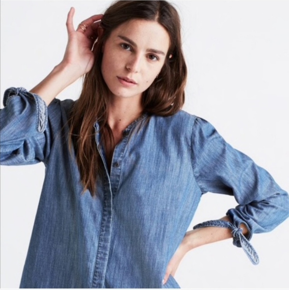 MADEWELL Denim Chambray Tie Poplin Shirt Top - Picture 2 of 11